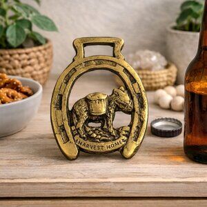 Vintage Brass Horse Shoe Shaped Bottle Opener With Mule & Harvest Home Design